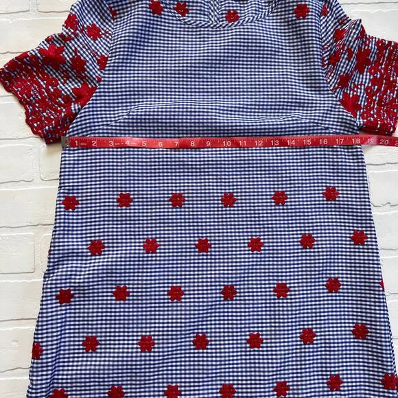 entro Blue Checkered Red Embroidered Flowers Knee Length Shift Dress-sz S/M - Picture 4 of 5